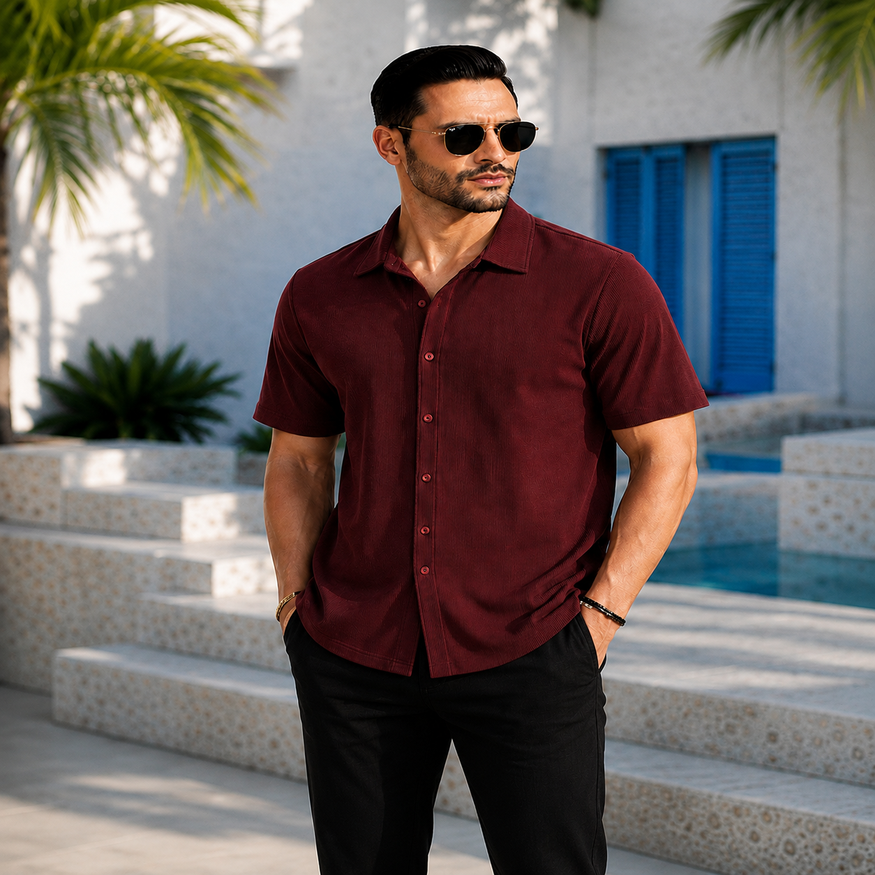 Premium Korean Cherry Maroon Shirt & Black Pant Combo Set for Men