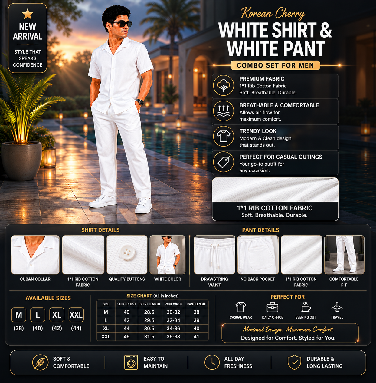 Premium Korean Cherry White Shirt & White Pant Combo Set for Men