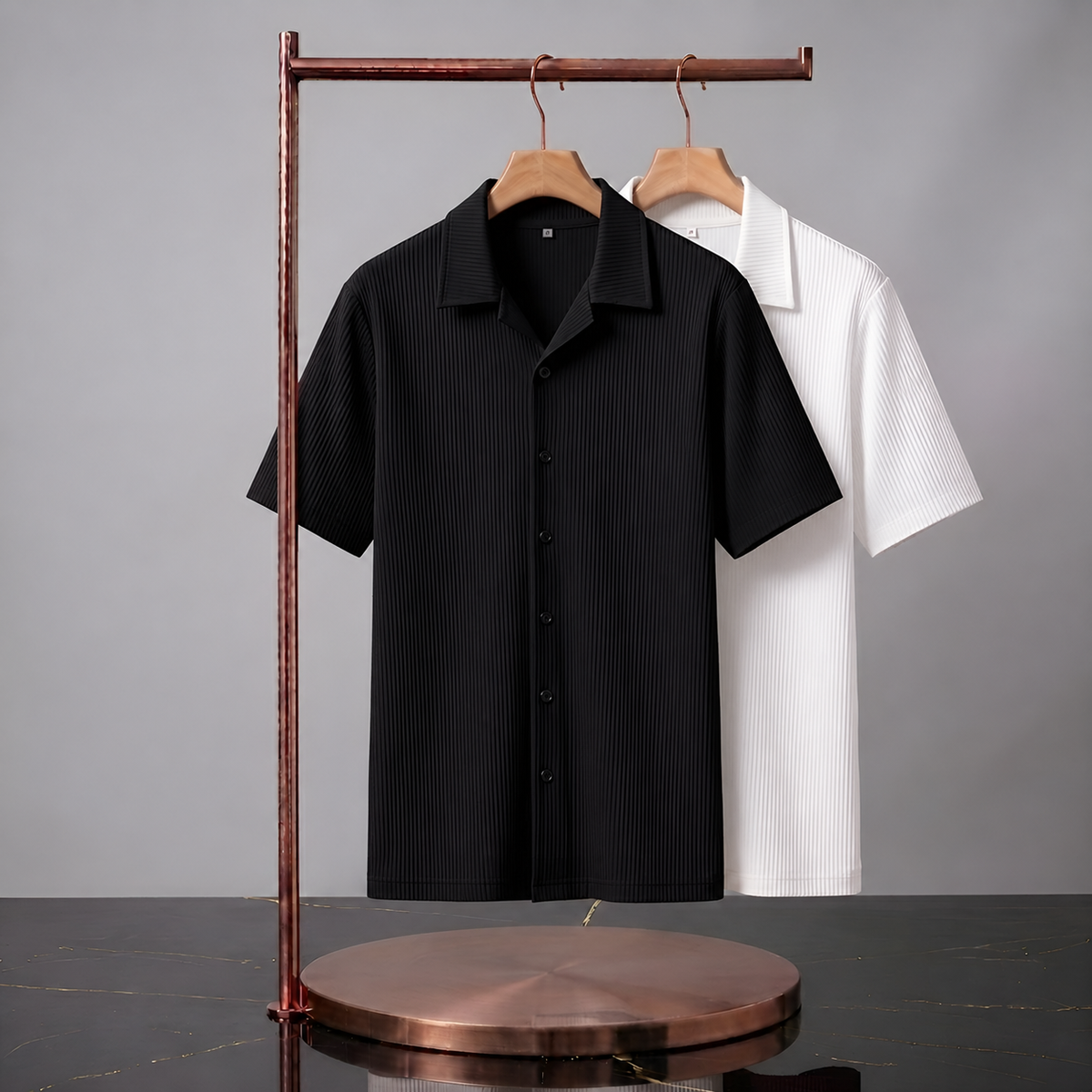 Men's Premium Korean Style Ribbed Casual Shirt Combo - Black & White Cuban Collar Short Sleeve Shirts (Pack of 2)