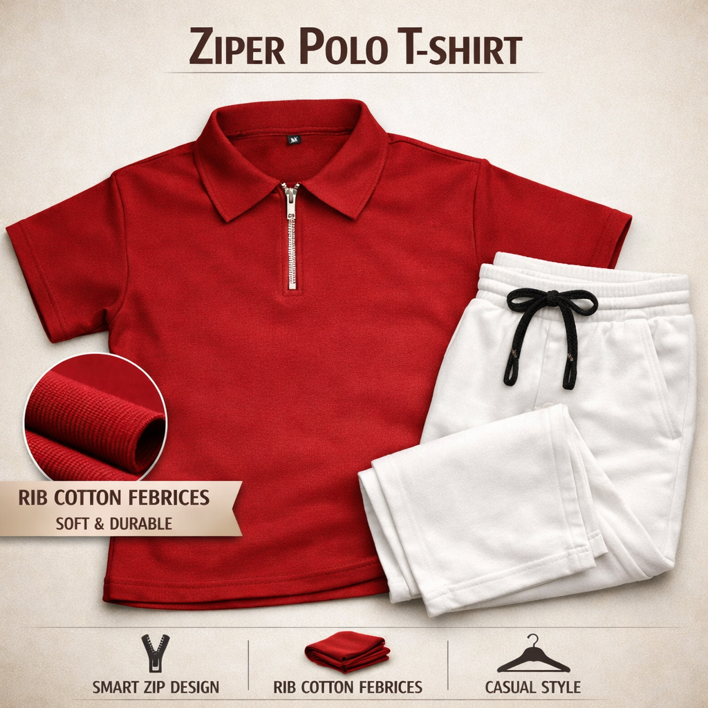 Zipper Polo Maroon T-Shirt & White Pant COMBO SET Premium