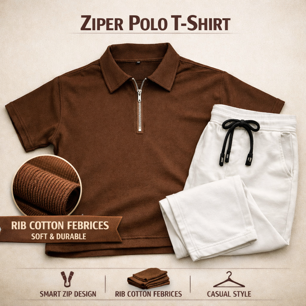 Zipper Polo Coffee T-Shirt & white pant COMBO SET
