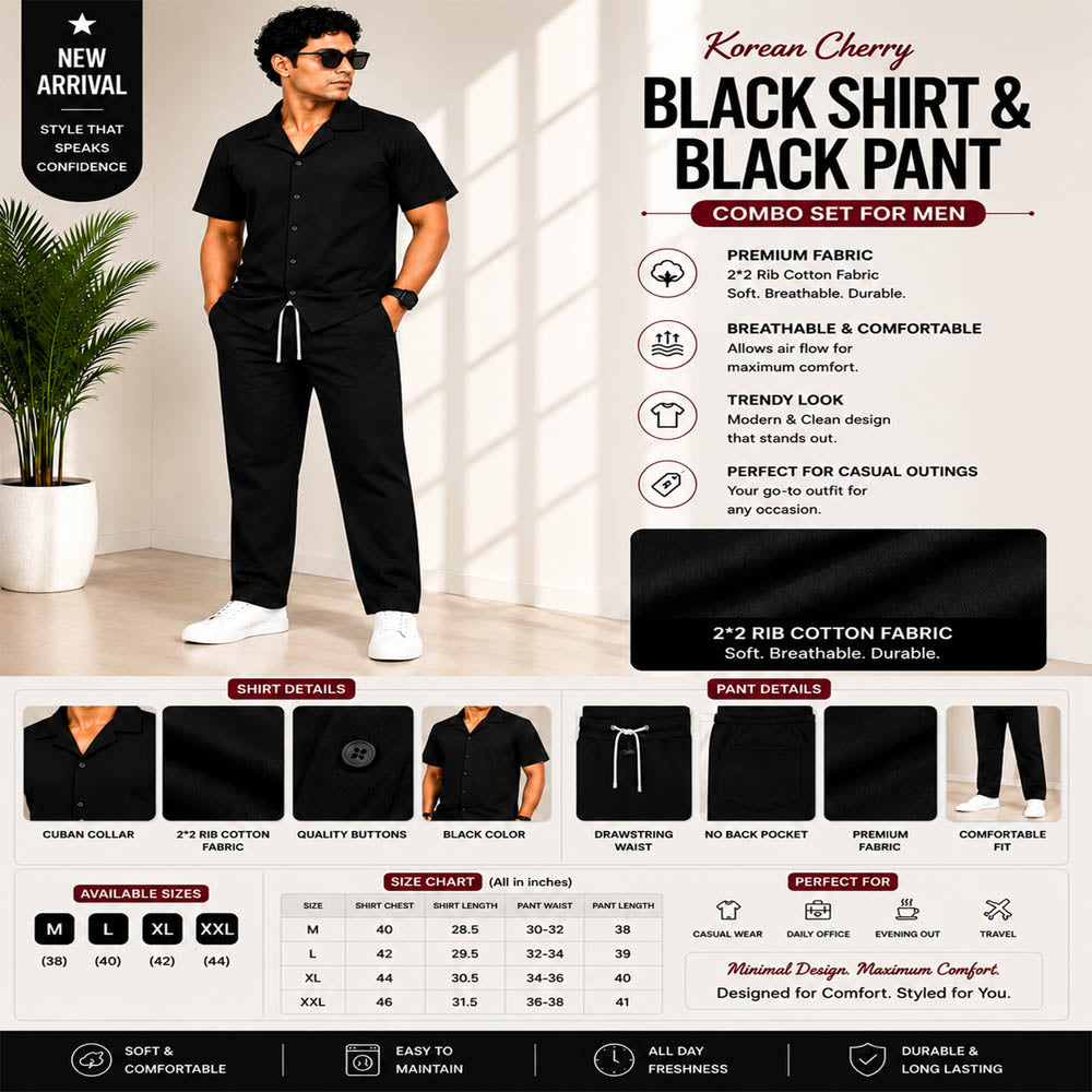 Man wearing a black shirt and black pants with product details on a white background