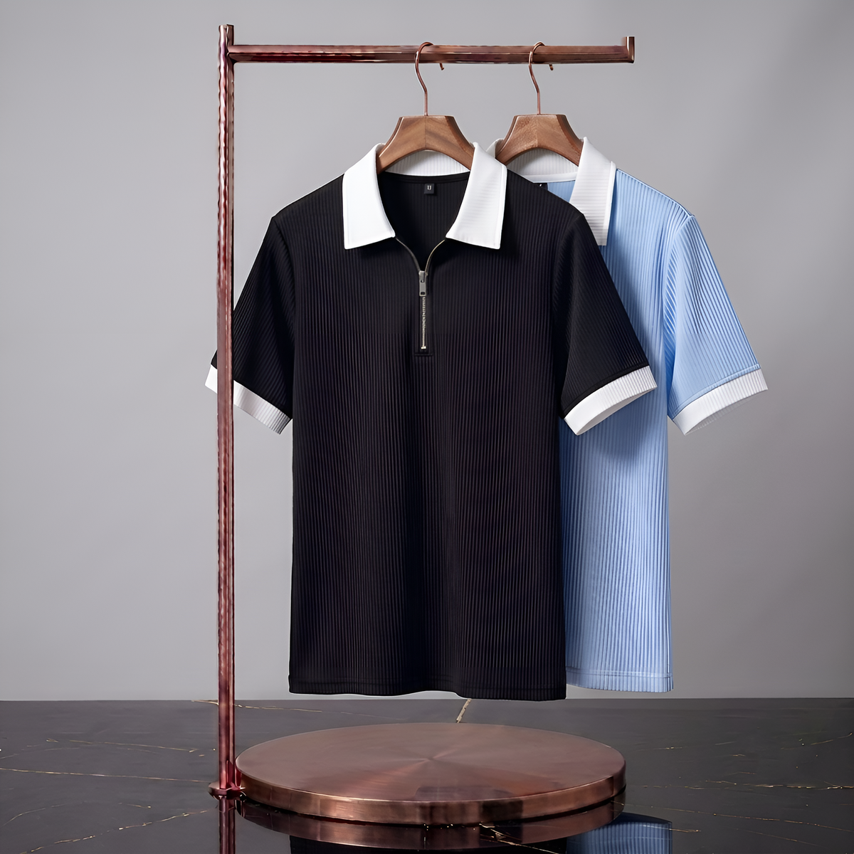 Men's Premium Quarter-Zip Ribbed Polo Combo - Black & Sky Blue Contrast Collar T-Shirts (Pack of 2)