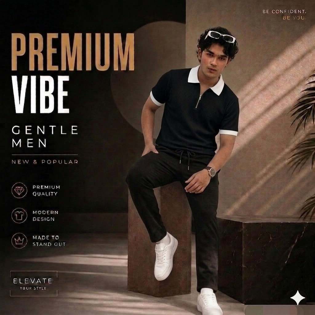 Man's Loose Fit Zipper Polo & Trouser Set - Black & Black