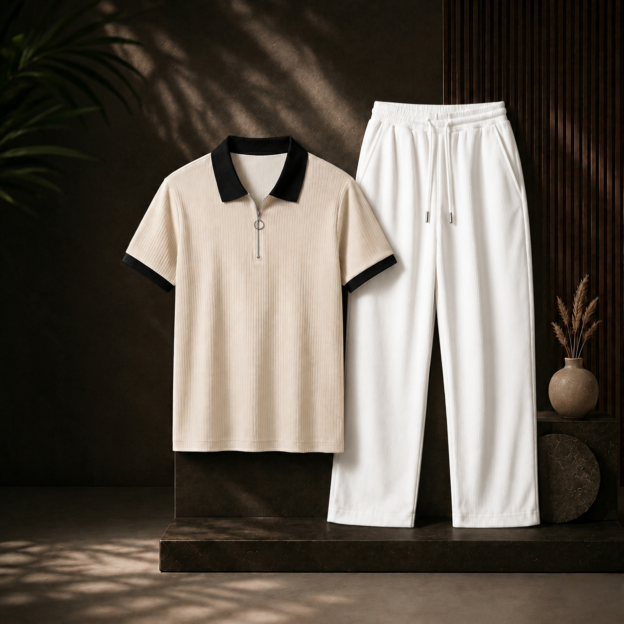 Man's Loose Fit Zipper Polo & Trouser Set - CREAM & WHITE
