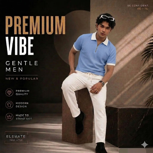 Man's Loose Fit Zipper Polo & Trouser Set - light Blue & White