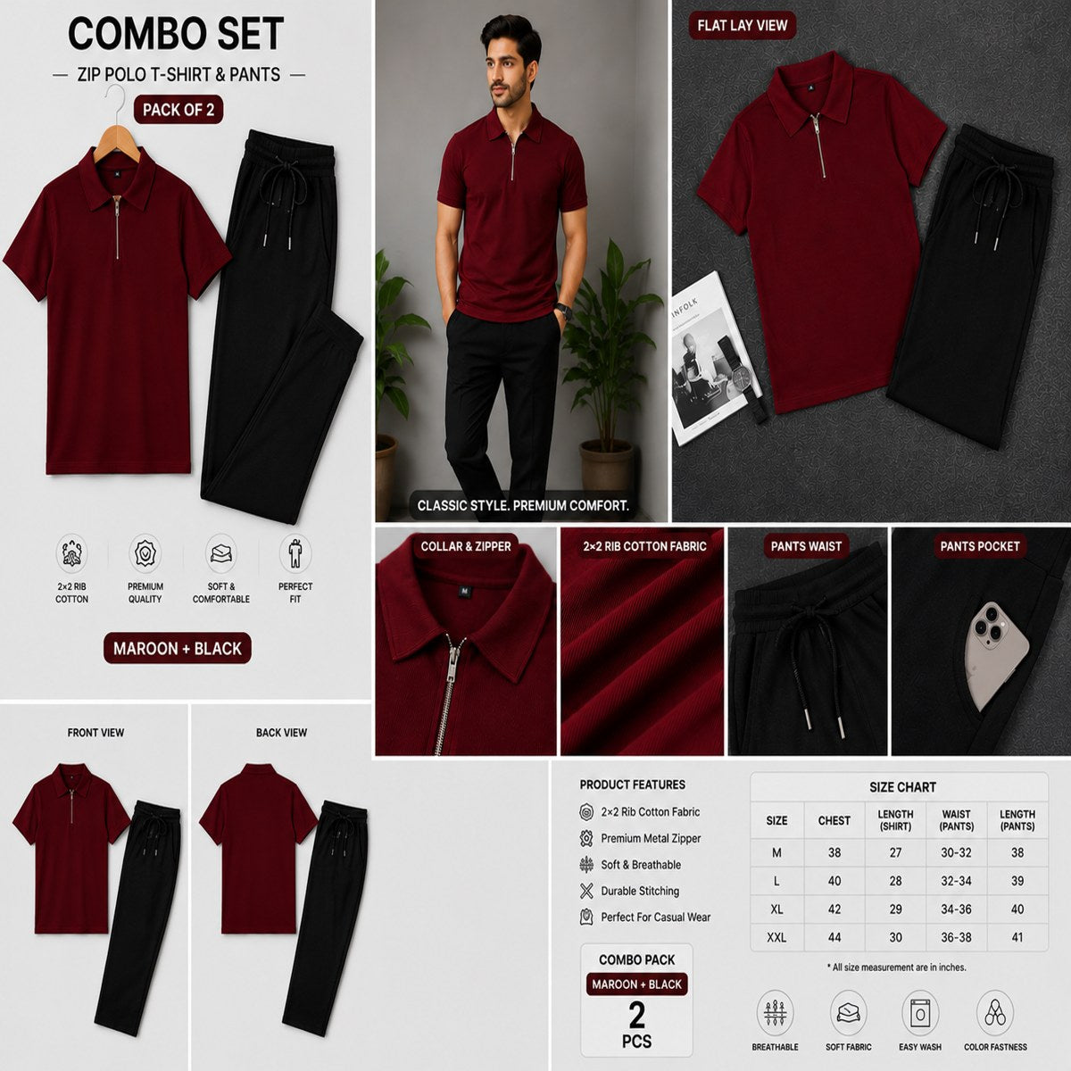 Zipper Polo Maroon T-Shirt & Black Pant COMBO SET