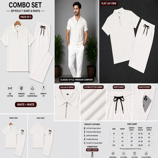 Zipper Polo White T-Shirt & White Pant COMBO SET Premium