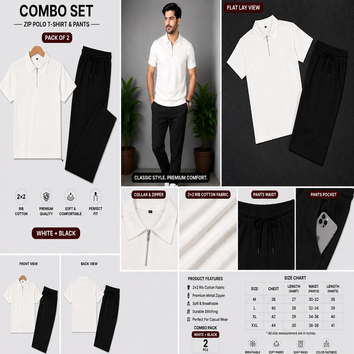 Zipper Polo White T-Shirt & Black Pant COMBO SET Premium