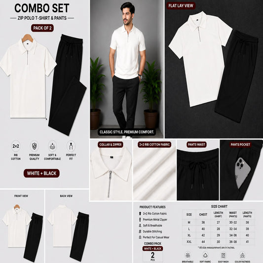 Zipper Polo White T-Shirt & Black Pant COMBO SET Premium