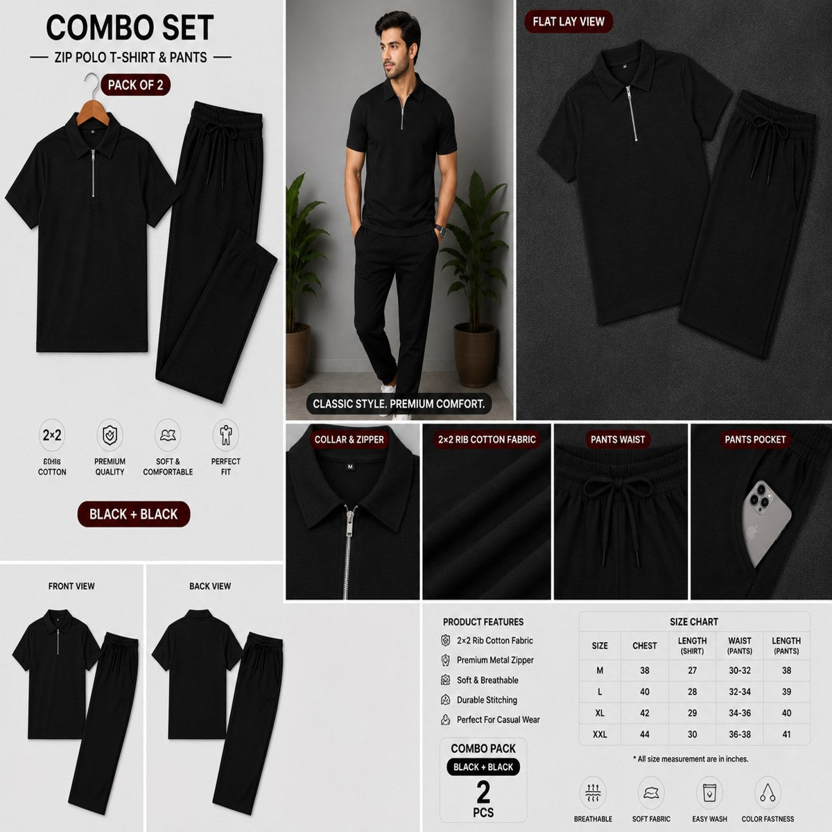 Zipper Polo Black Colored T-Shirt & Black Pant COMBO SET Premium
