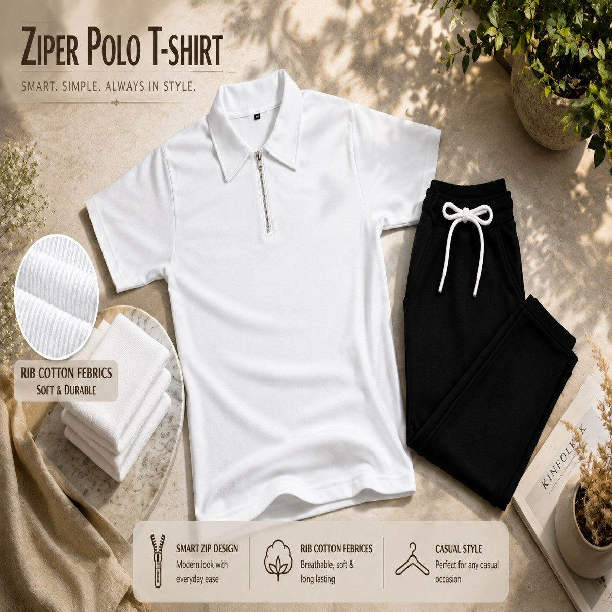 Zipper Polo White T-Shirt & Black Pant COMBO SET Premium