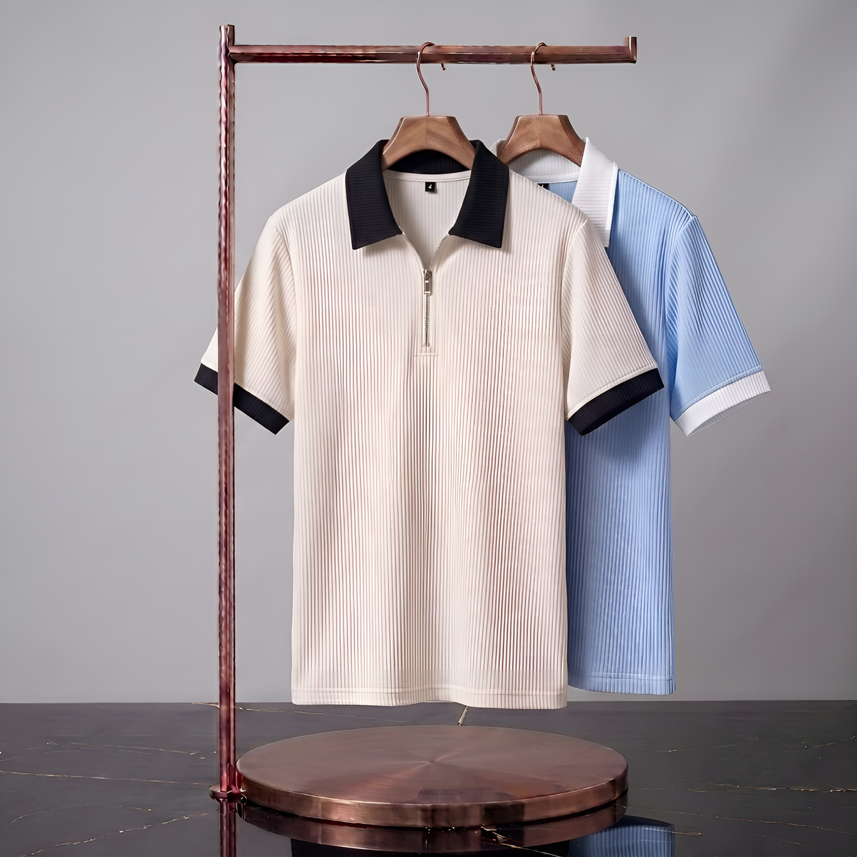 Men's Premium Quarter-Zip Ribbed Polo Combo - Off-White/Beige & Sky Blue Contrast Collar T-Shirts (Pack of 2)