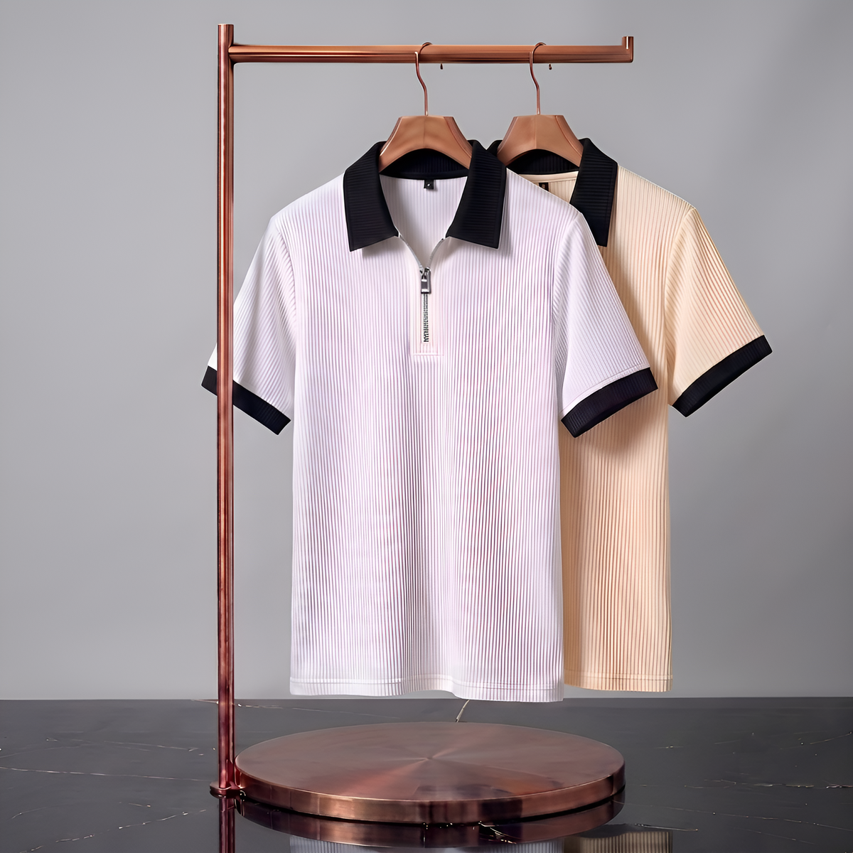 Men's Premium Quarter-Zip Ribbed Polo Combo - White & Off-White/Beige Contrast Collar T-Shirts (Pack of 2)