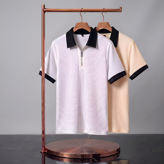 Men's Premium Quarter-Zip Ribbed Polo Combo - White & Off-White/Beige Contrast Collar T-Shirts (Pack of 2)