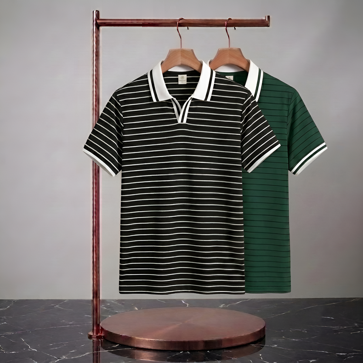 Men's Premium Old Money Style Combo - Black & Pine Green Striped Open-Collar Polo T-Shirts (Pack of 2)