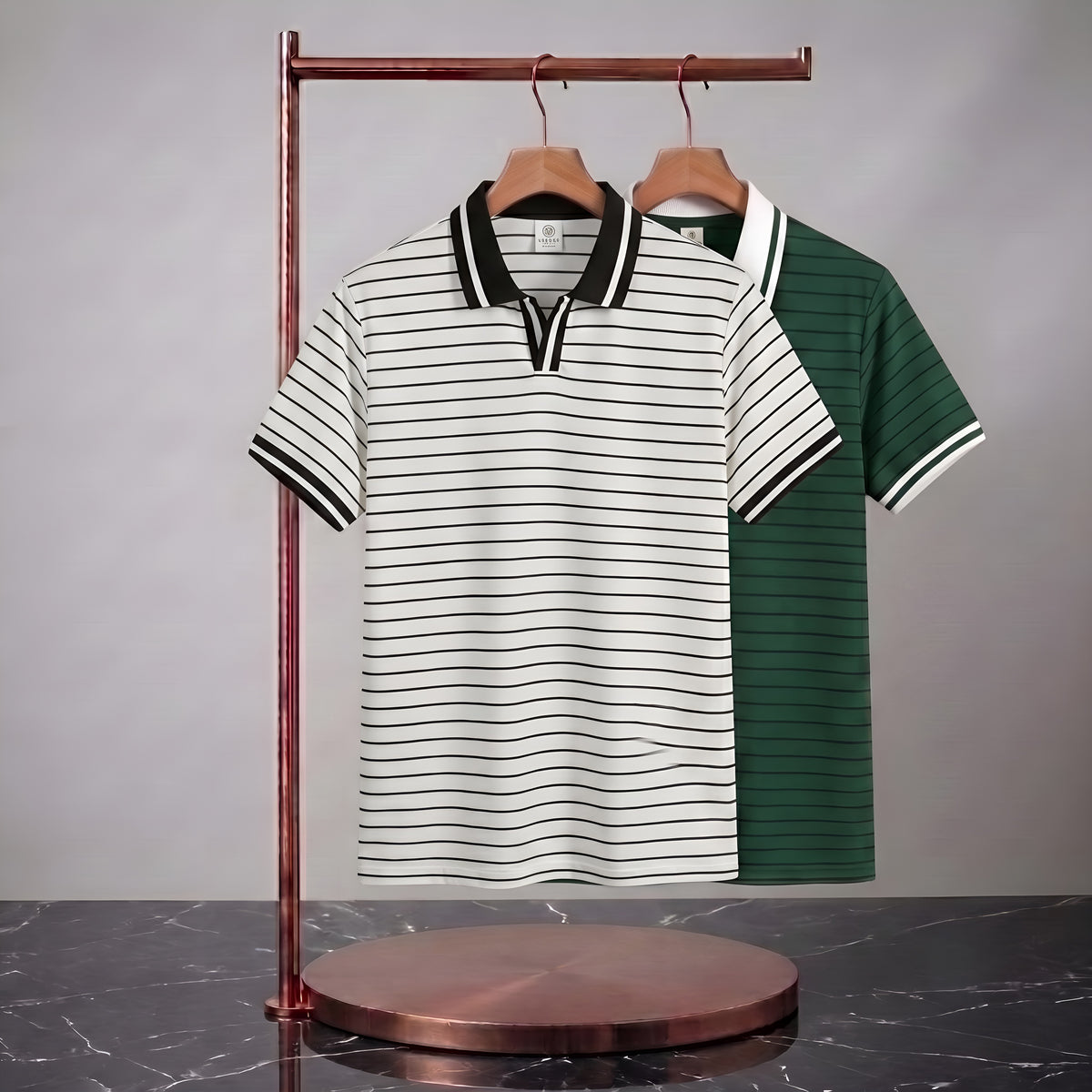 Men's Premium Old Money Style Combo - White & Pine Green Striped Open-Collar Polo T-Shirts (Pack of 2)
