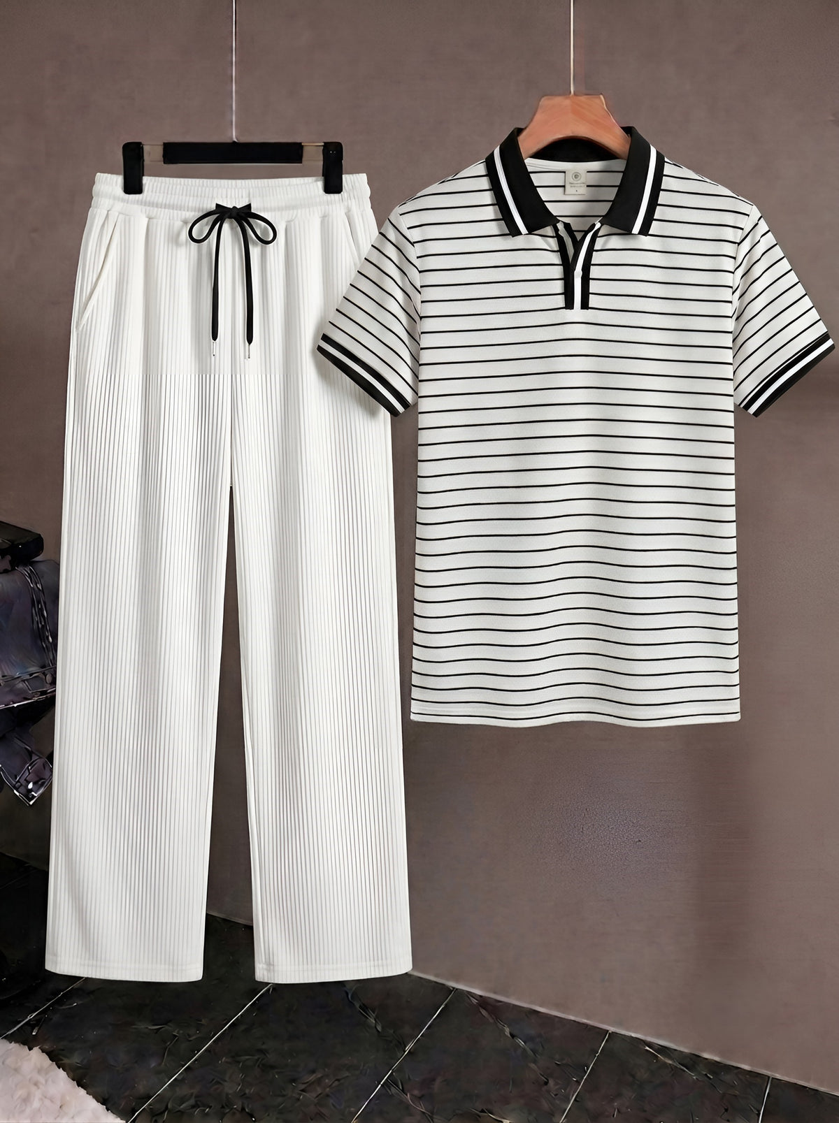 Men's Premium Old Money Style Combo Set - White Striped Open-Collar Polo T-Shirt & White Ribbed Trouser (2-Piece Set)
