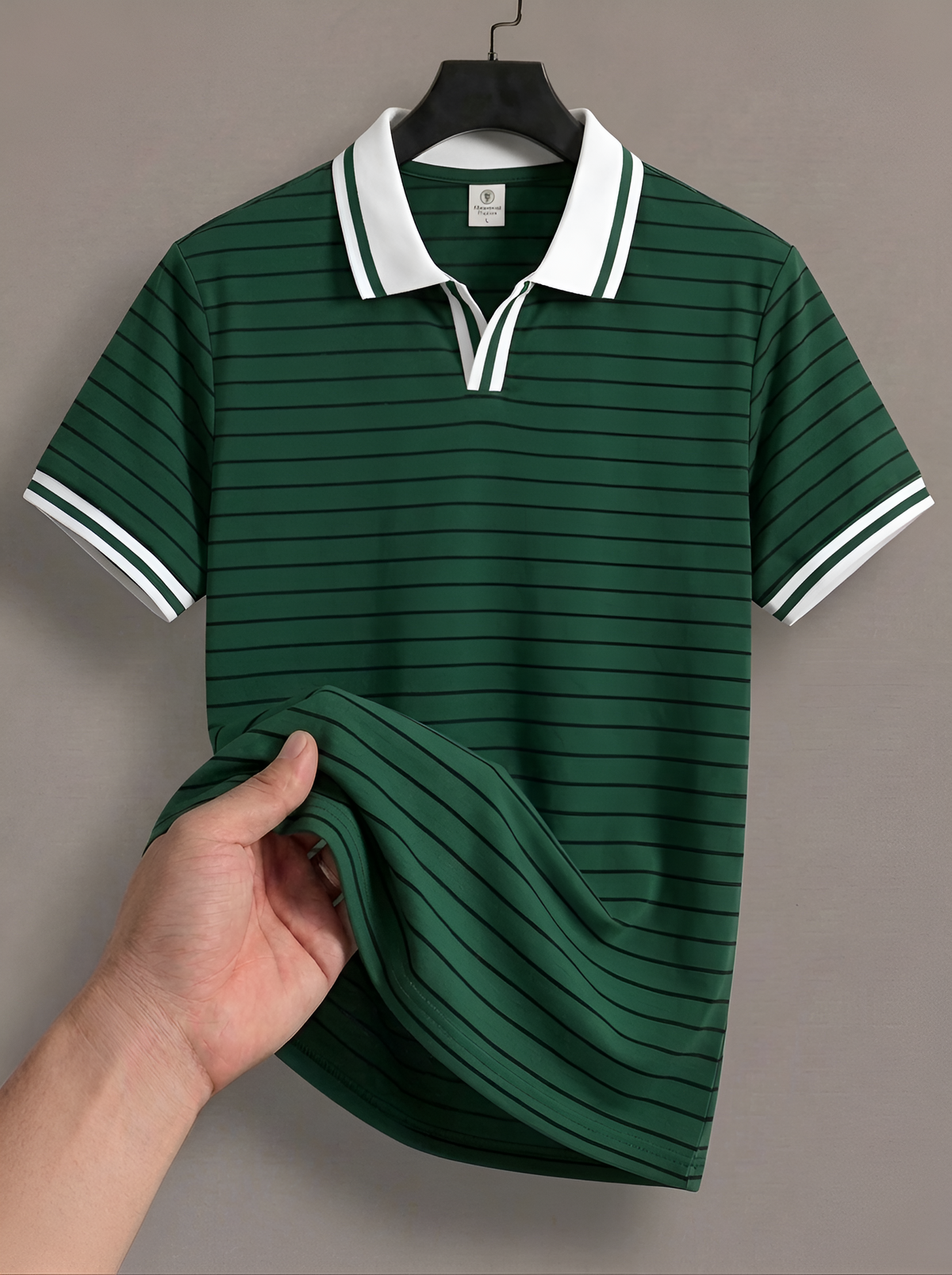 Men's Premium Pine Green Striped Open-Collar Polo Shirt - Old Money Retro Style