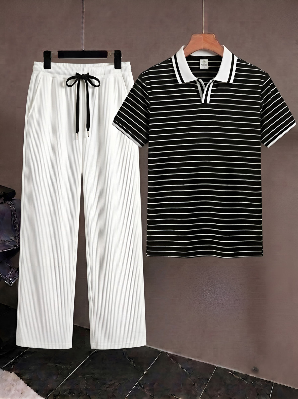 Men's Premium Old Money Style Combo Set - Black Striped Open-Collar Polo T-Shirt & Off-White/White Ribbed Trouser (2-Piece Set)