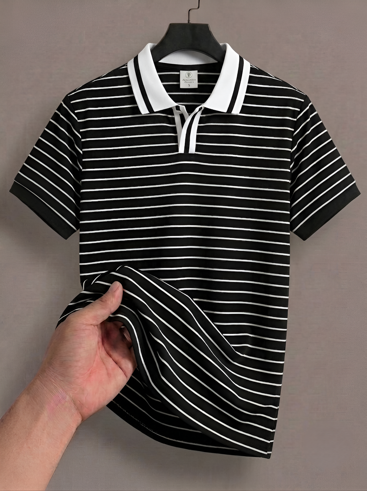 Men's Premium Black Striped Open-Collar Polo Shirt - Old Money Retro Style