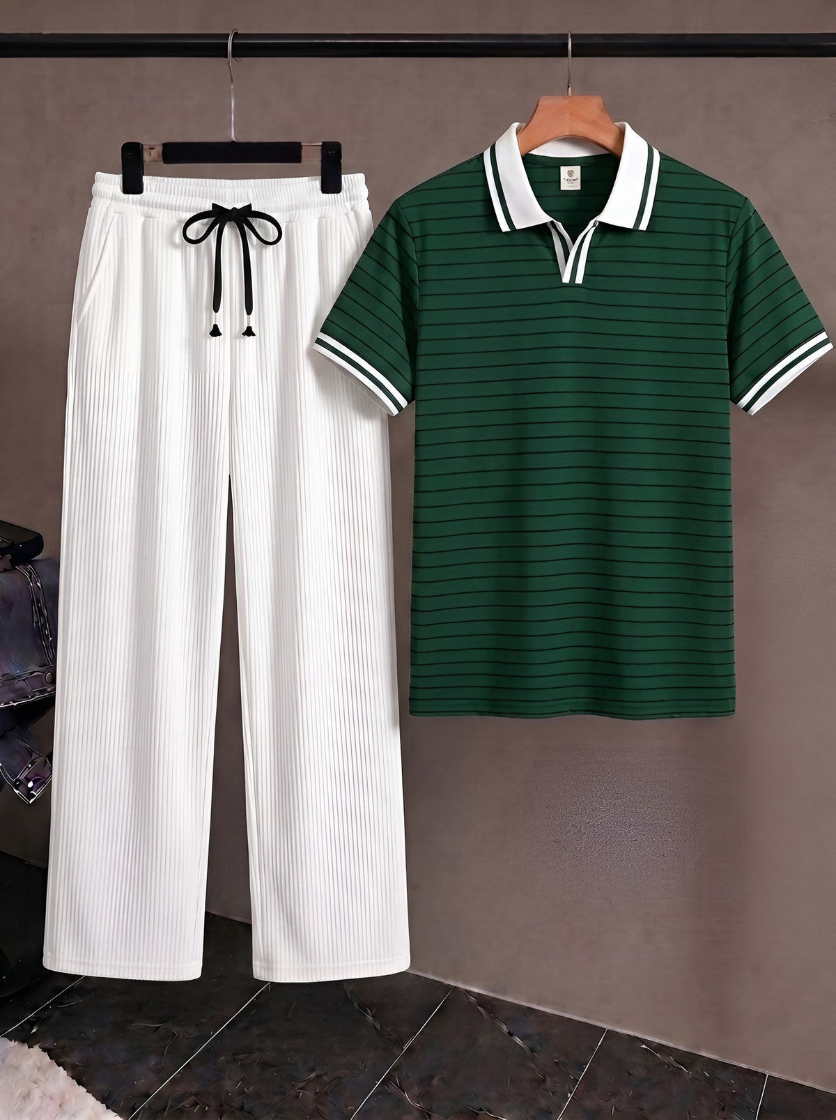 Men's Premium Old Money Style Combo Set - Green Striped Open-Collar Polo T-Shirt & White Ribbed Trouser (2-Piece Set)