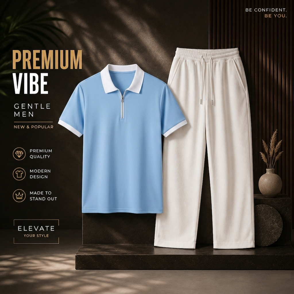 Man's Loose Fit Zipper Polo & Trouser Set - Sky-Blue & White Premium