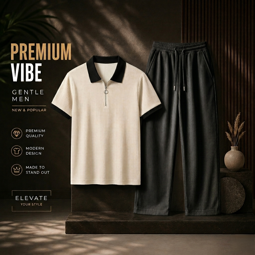 Man's Loose Fit Zipper Polo & Trouser Set - white & black Premium
