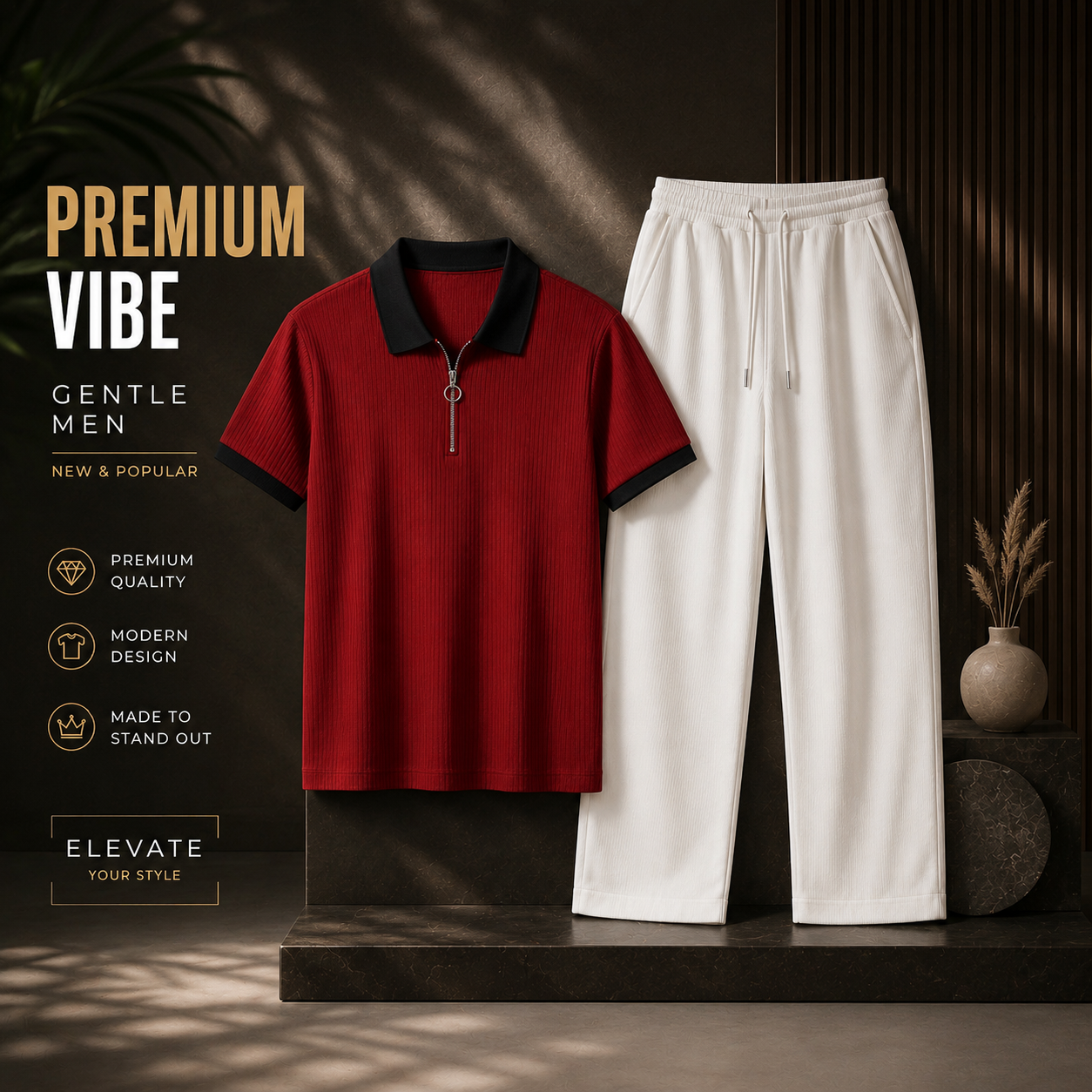 Man's Loose Fit Zipper Polo & Trouser Set - Maroon & White Premium