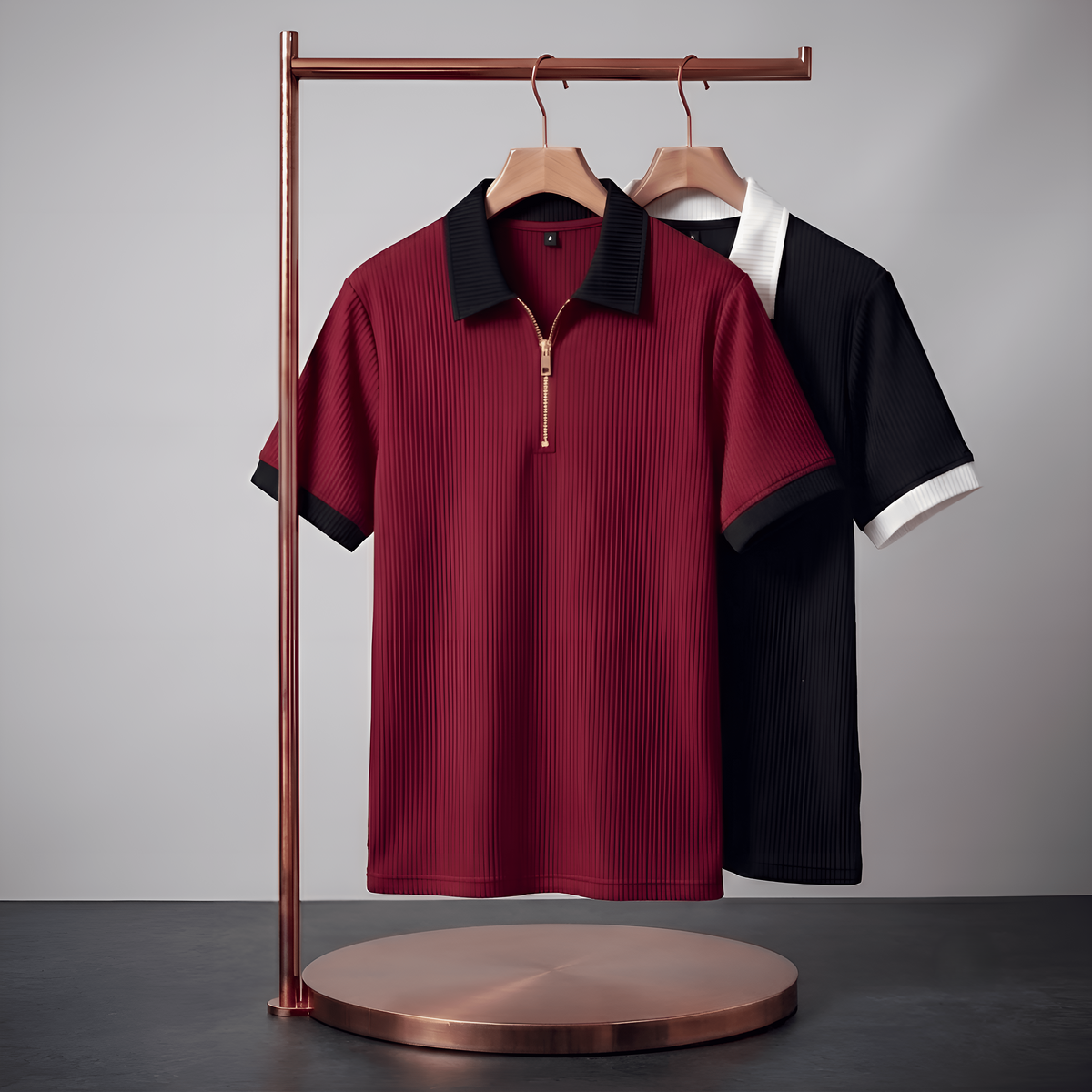 Men's Premium Quarter-Zip Ribbed Polo Combo - Maroon & Black Contrast Collar T-Shirts (Pack of 2)