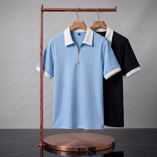 Men's Premium Quarter-Zip Ribbed Polo Combo - Sky Blue & Black Contrast Collar T-Shirts (Pack of 2)