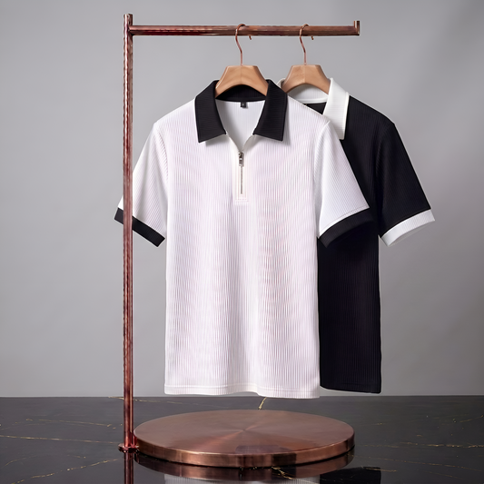 Men's Premium Quarter-Zip Ribbed Polo Combo - White & Black Contrast Collar T-Shirts (Pack of 2)