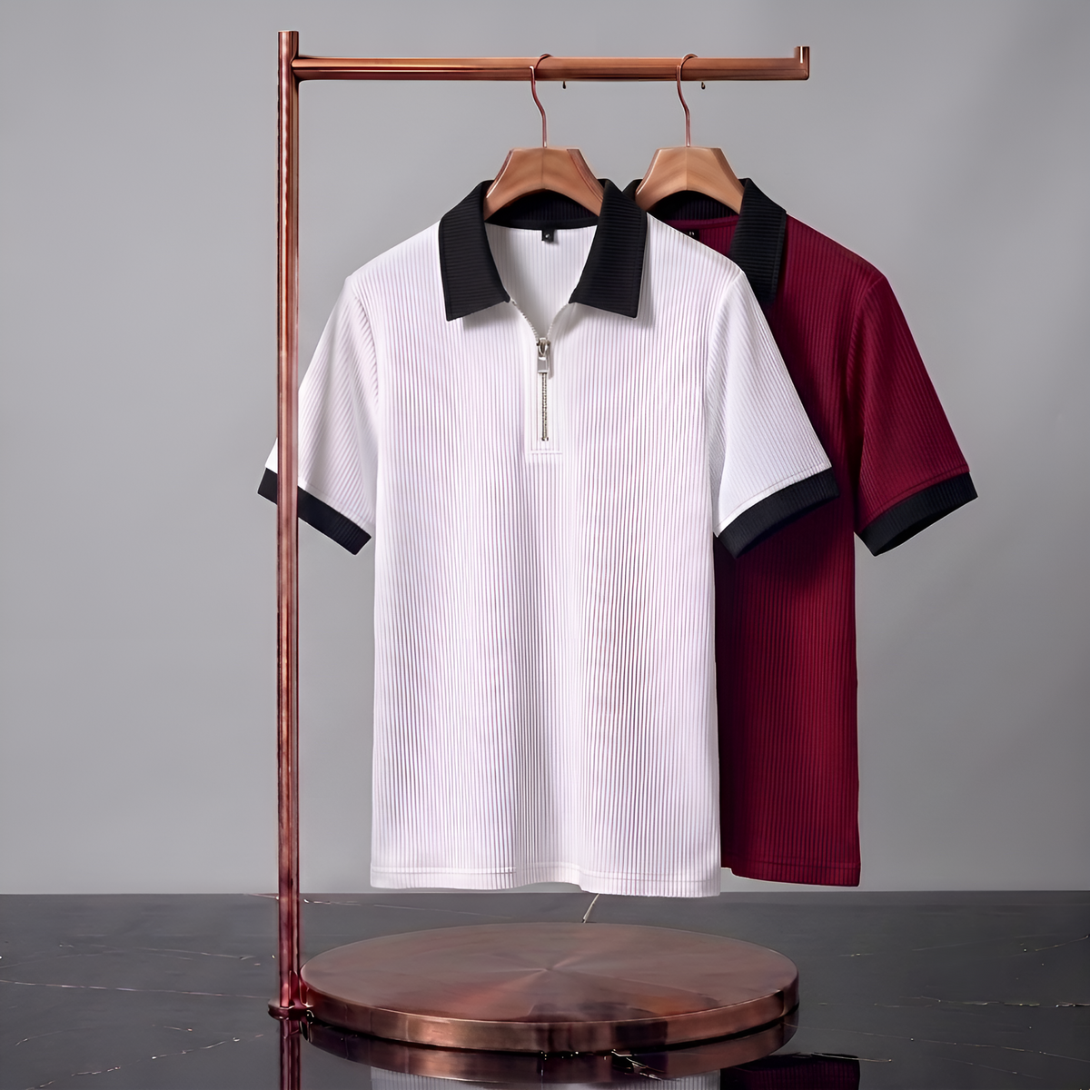 Men's Premium Quarter-Zip Ribbed Polo Combo - White & Maroon Red Contrast Collar T-Shirts (Pack of 2)