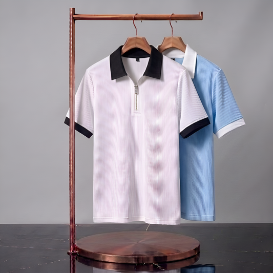 Men's Premium Quarter-Zip Ribbed Polo Combo - White & Sky Blue Contrast Collar T-Shirts (Pack of 2)