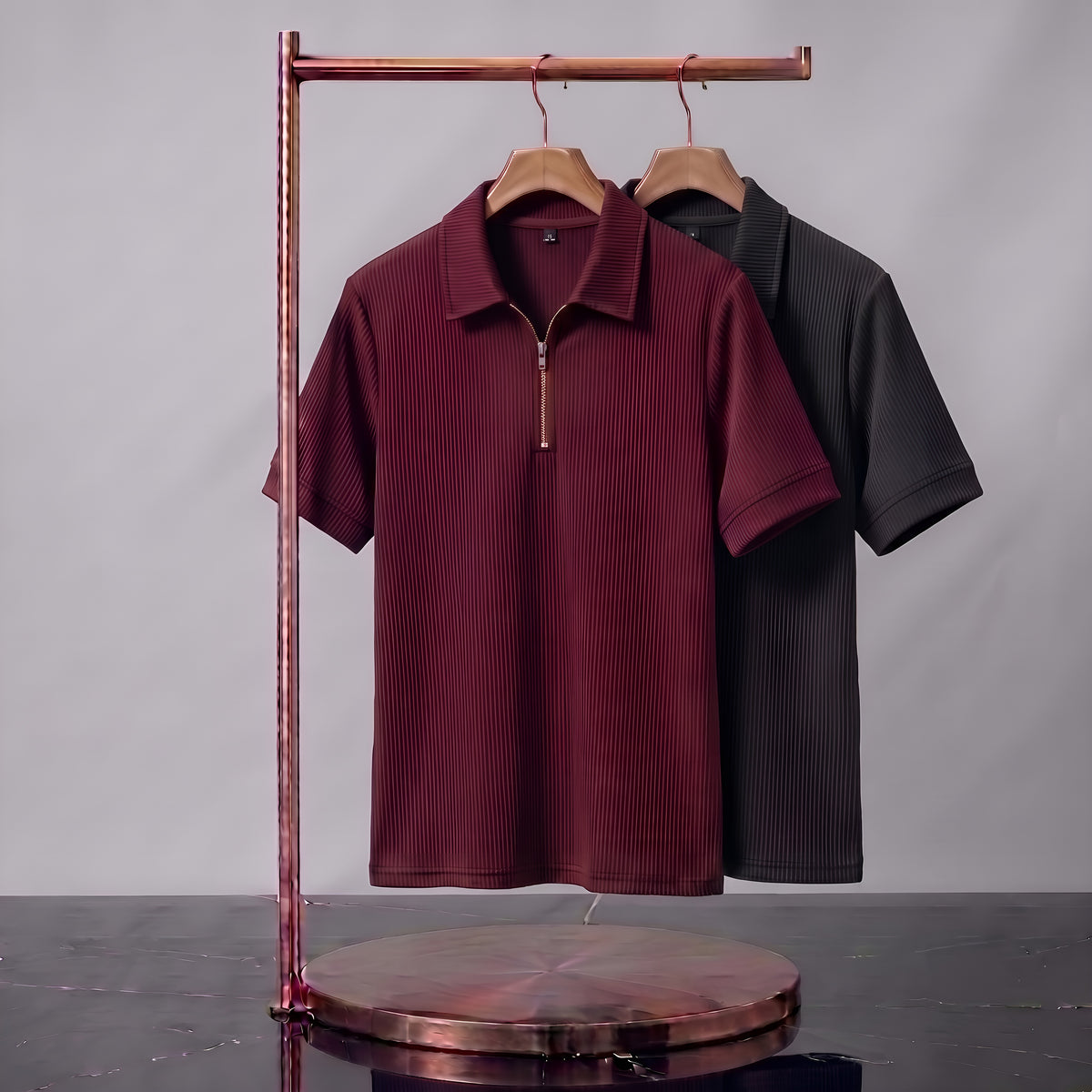 Men's Premium Quarter-Zip Ribbed Polo Combo - Maroon Red & Black T-Shirts (Pack of 2)