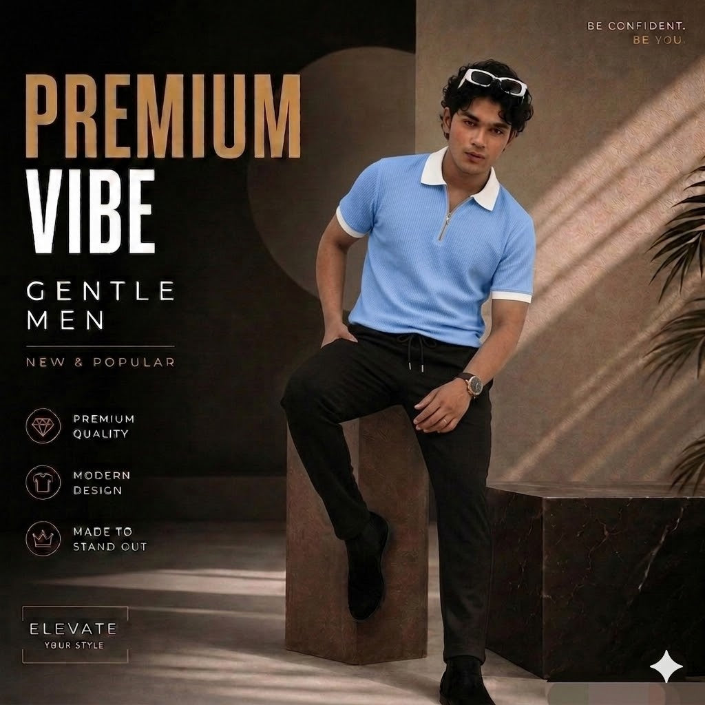 Man's Loose Fit Zipper Polo & Trouser Set - Blue & Black