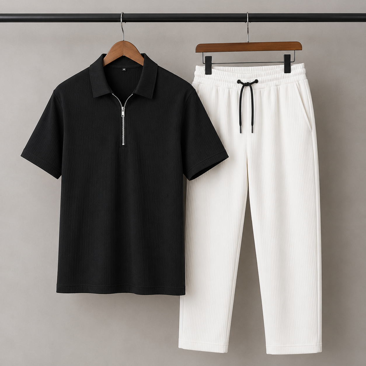Zipper Polo Black Colored T-Shirt  & White Pant COMBO SET Premium