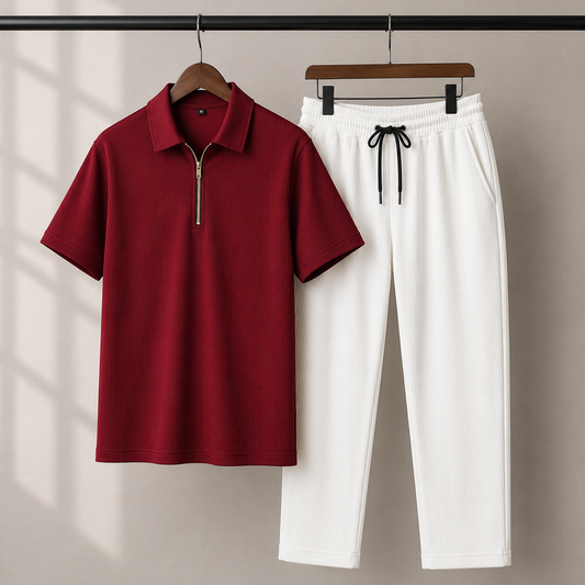 Zipper Polo Maroon T-Shirt  & White Pant COMBO SET Premium