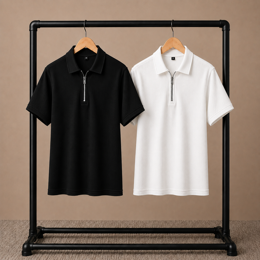 Zipper Polo Black & White Colored Two T-Shirt COMBO SET Premium