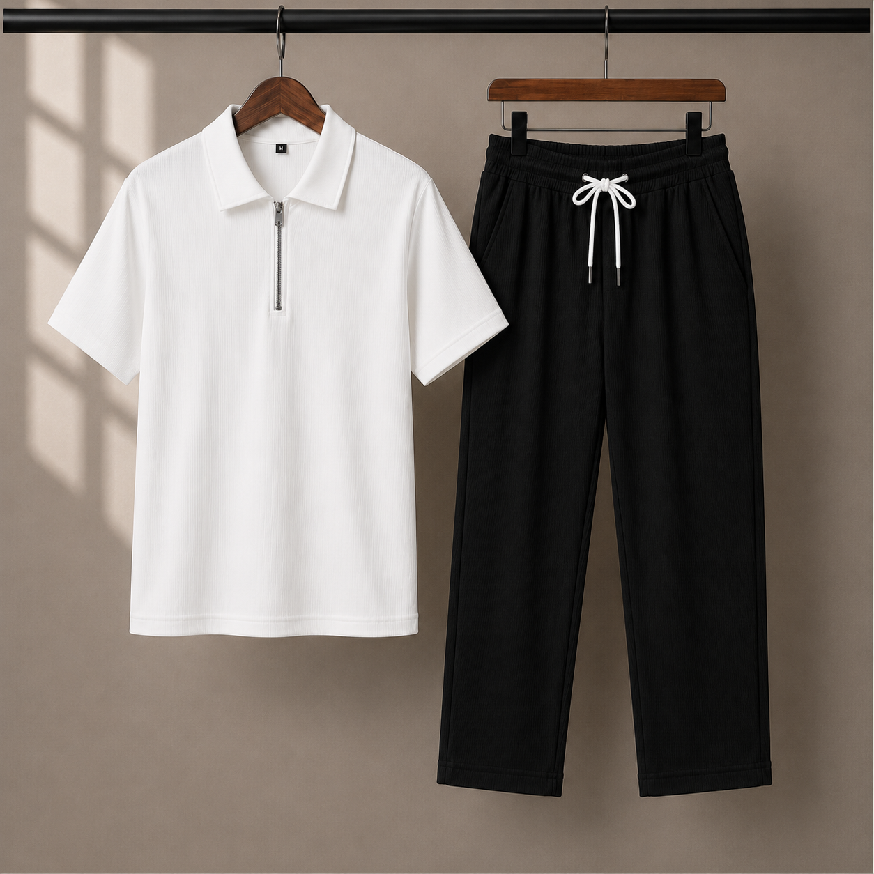 Zipper Polo White T-Shirt  & Black Pant COMBO SET Premium