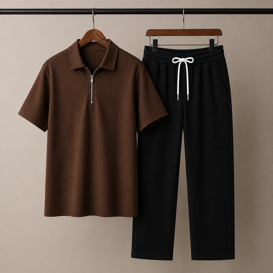 Zipper Polo Coffee Colored T-Shirt  & Black Pant COMBO SET Premium
