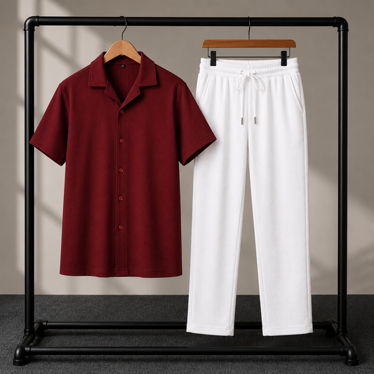 Premium Korean Cherry Maroon Shirt & white Pant Combo Set for Men