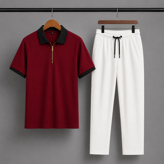 Man's Loose Fit Zipper Polo & Trouser Set - Maroon & White Premium