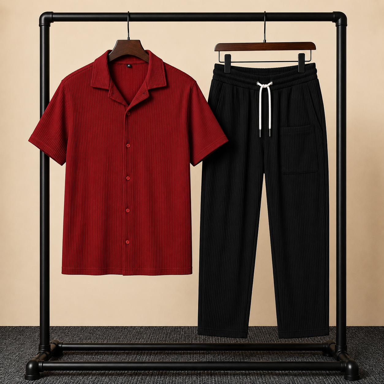 Premium Korean Cherry Maroon Shirt & Black Pant Combo Set for Men