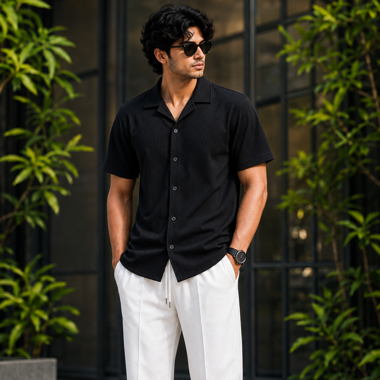 Premium Korean Cherry Black Shirt & Wite Pant Combo Set for Men