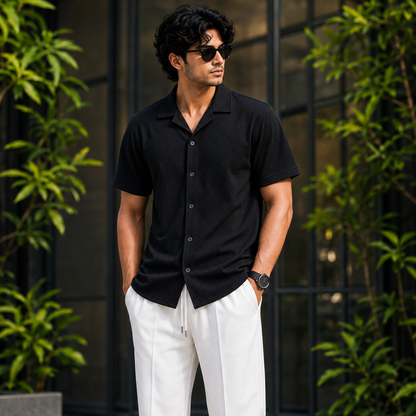 Premium Korean Cherry Black Shirt & Wite Pant Combo Set for Men