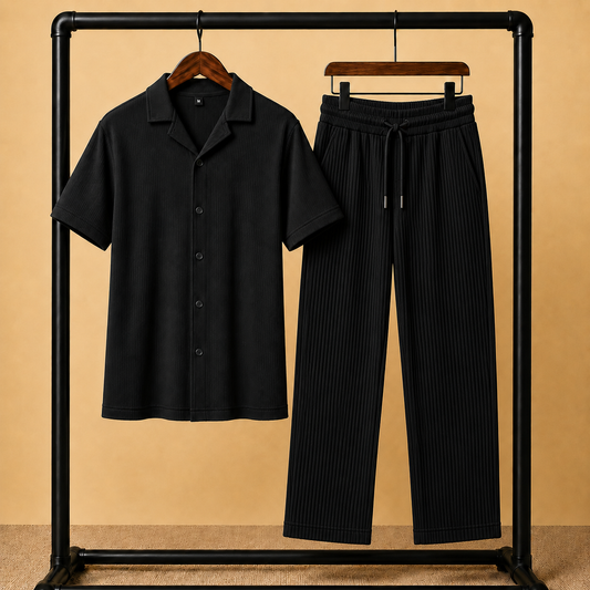 Premium Korean Cherry Black Shirt & Black Pant Combo Set for Men