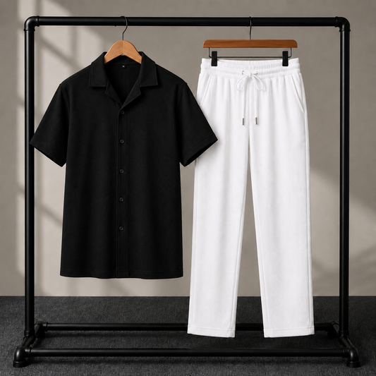 Premium Korean Cherry Black Shirt & Wite Pant Combo Set for Men