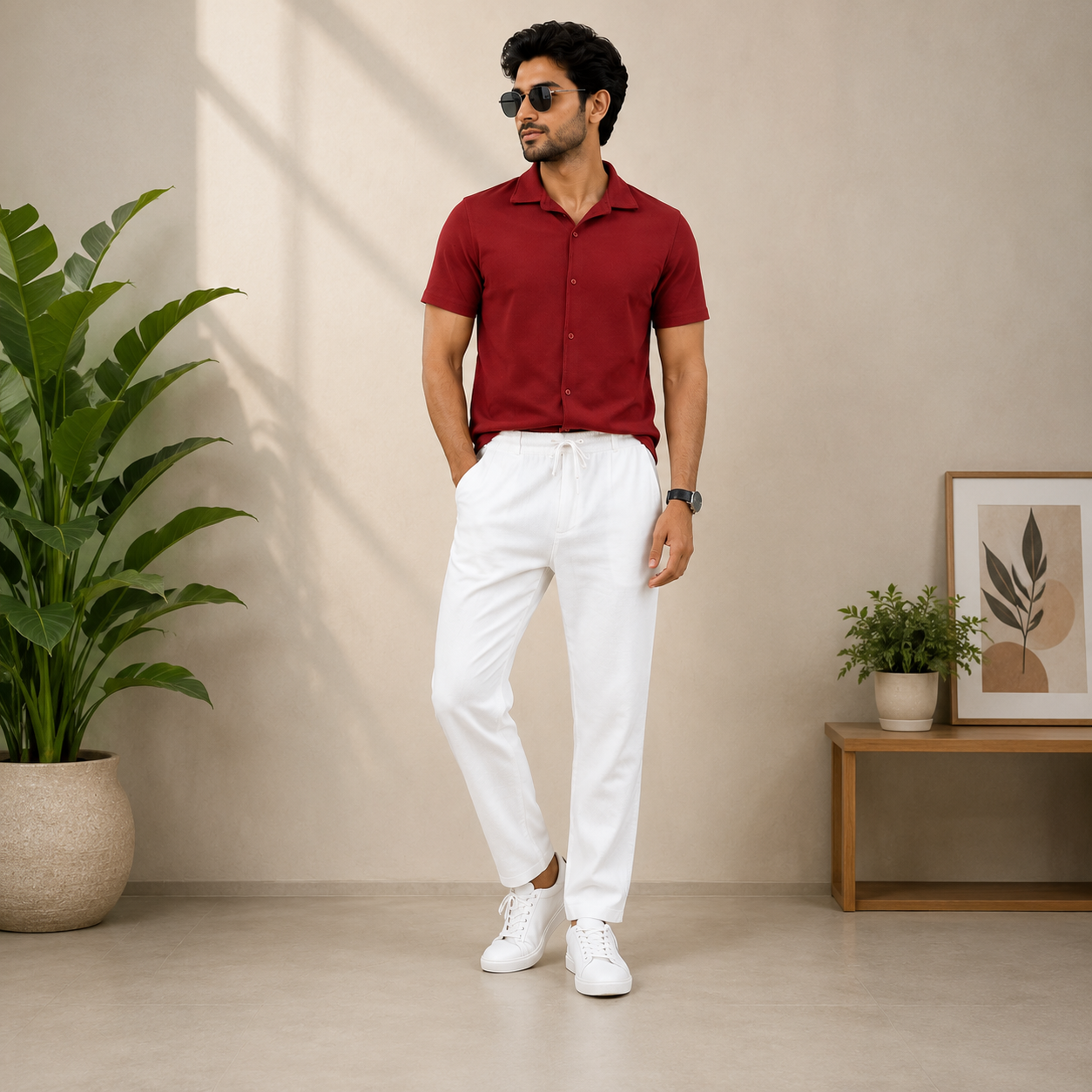 Premium Korean Cherry Maroon Shirt & white Pant Combo Set for Men
