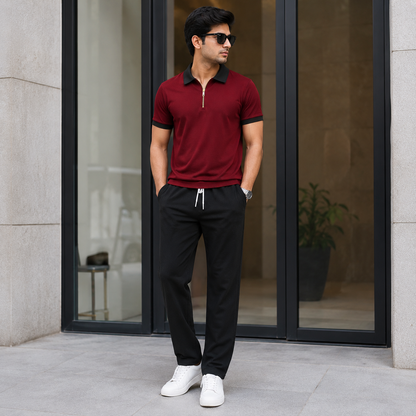 Man's Loose Fit Zipper Polo & Trouser Set - MAROON & BLACK